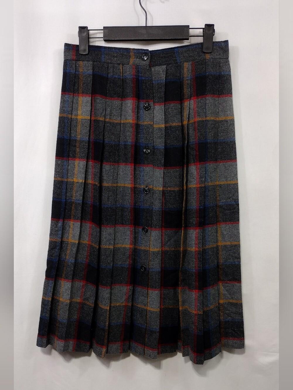 Vintage Ann Chabrol Wool Plaid Button-Front Midi Skirt Sz 11/12 Preppy Academia